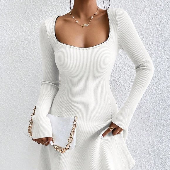 Sweetheart Neck Ribbed Knit Sweater Dress White - Picture 2 of 5